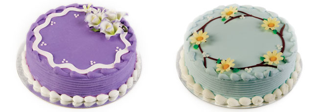 a blue cake next to a purple one